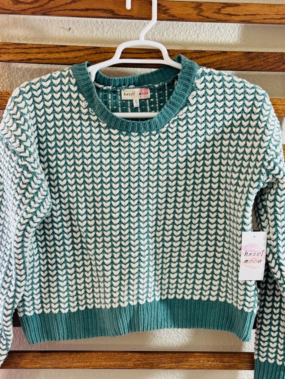 Teal & White Knit Crewneck Sweater